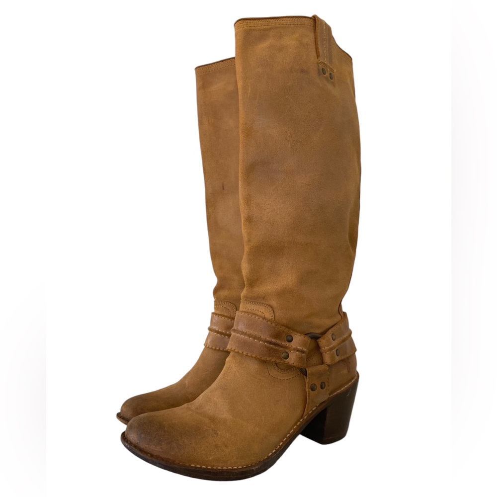 RARE!!! Frye Tall Brown Suede Heeled Harness Knee Boots